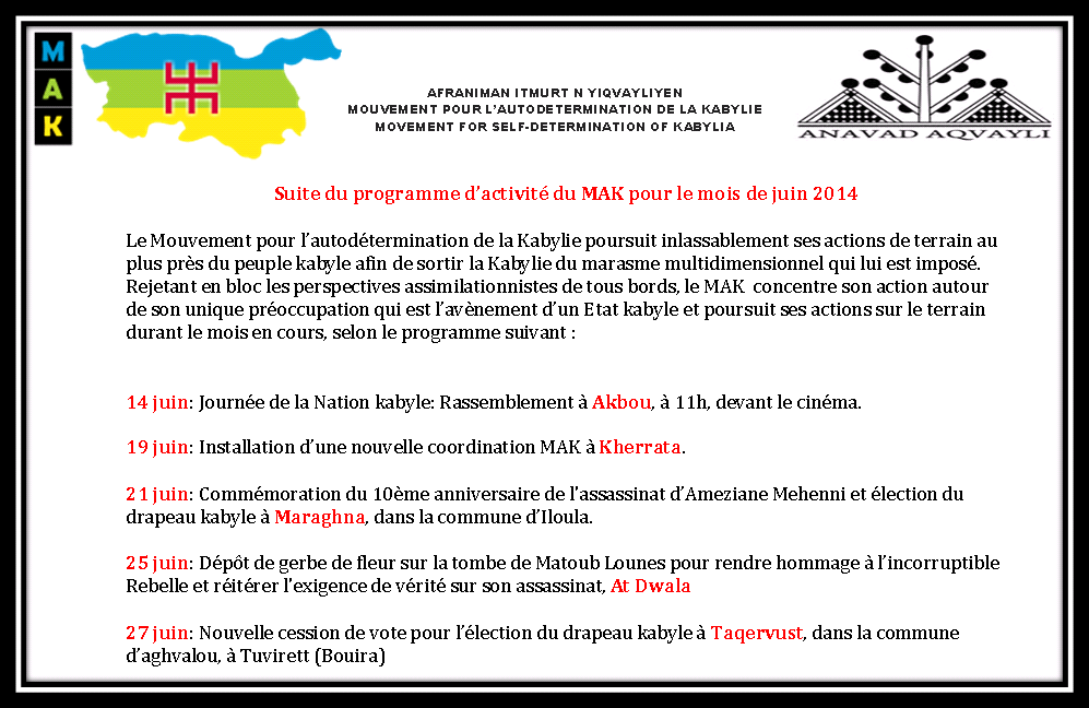 Programme d’activité du MAK : Le Mouvement kabyle poursuit inlassablement ses actions de terrain pour l’avènement d’un Etat kabyle