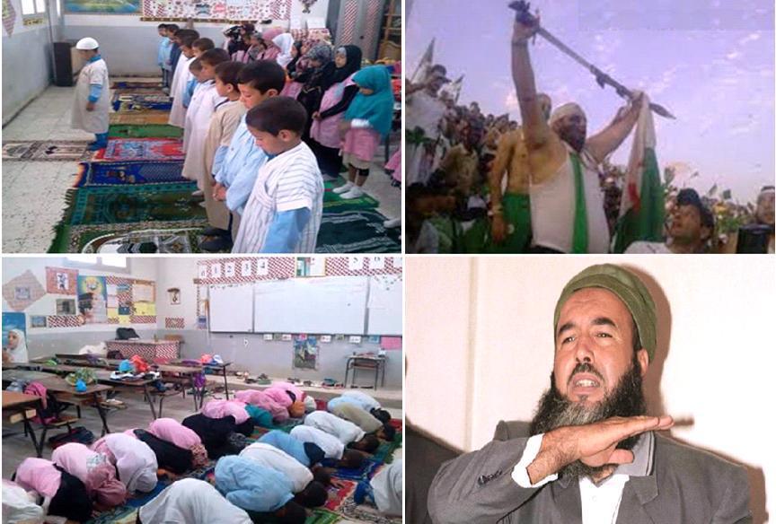 Quand on produit le terrorisme à travers ses propres institutions, on ne peut pas prétendre le combattre. Sur la gauche : leçon de prière dans une classe de primaire, les garçons devant et les filles voilées derrière…sur la droite : en haut, un supporter algérien exhibant fièrement un sabre dans un stade et en bas, Madani Mezrag, émir de l’AIS, soi-disant « repenti » devenu consultant auprès du président de la république algérienne après avoir tranché quelques dizaines de gorges (PH/DR)