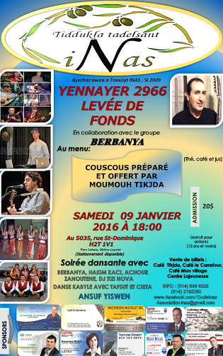 Montréal : L'association culturelle "INAS" organise une soirée bénéfice le samedi 9 janvier 2016
