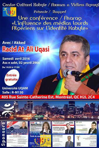 Québec : Conférence le 02 avril avec Racid At Ali Uqasi sur l'influence des médias lourds algériens sur l'identité kabyle