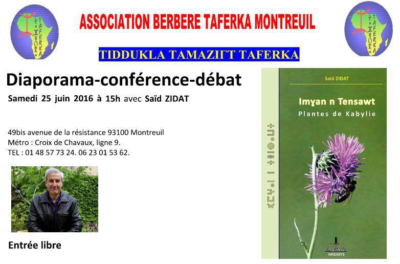 Samedi 25 juin : L'association berbère Taferka de Montreuil organise une conférence-débat avec l'auteur du livre "Imγan n Tensawt – Plantes de Kabylie"