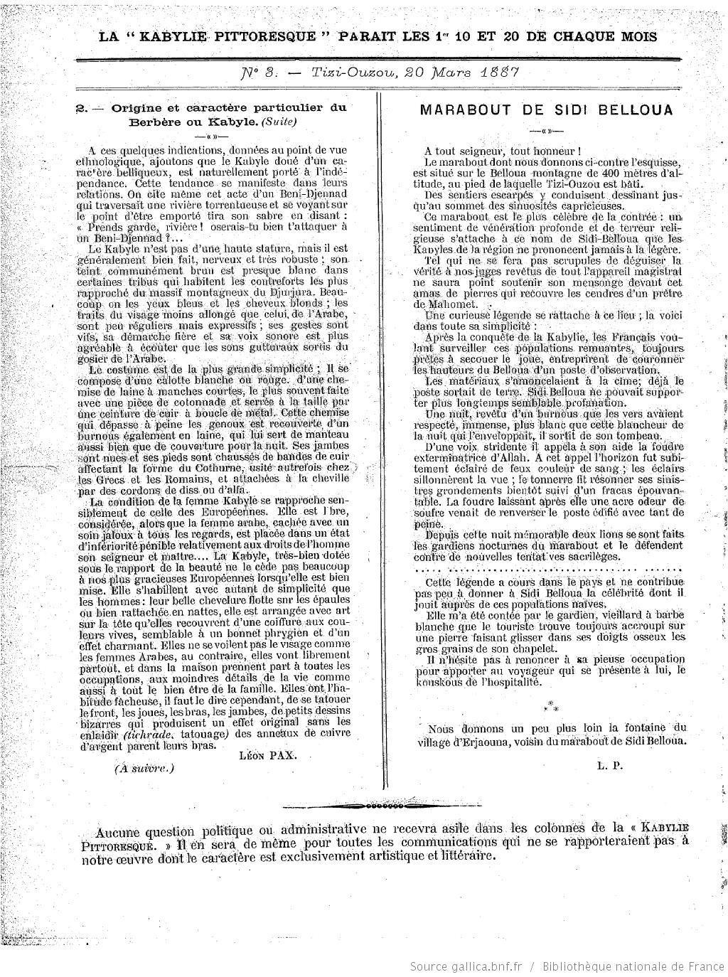 " La Kabylie pittoresque " N°3 _ 20 Mars 1887
