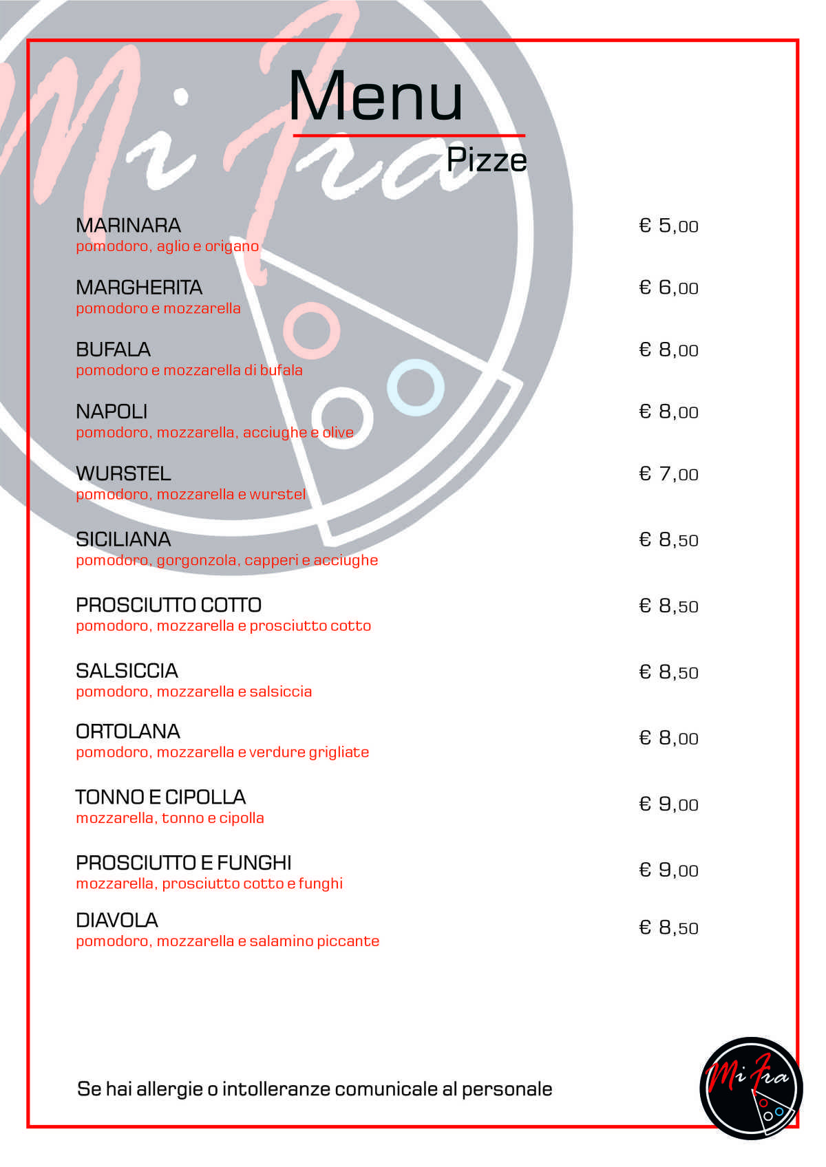 MENU PIZZERIA