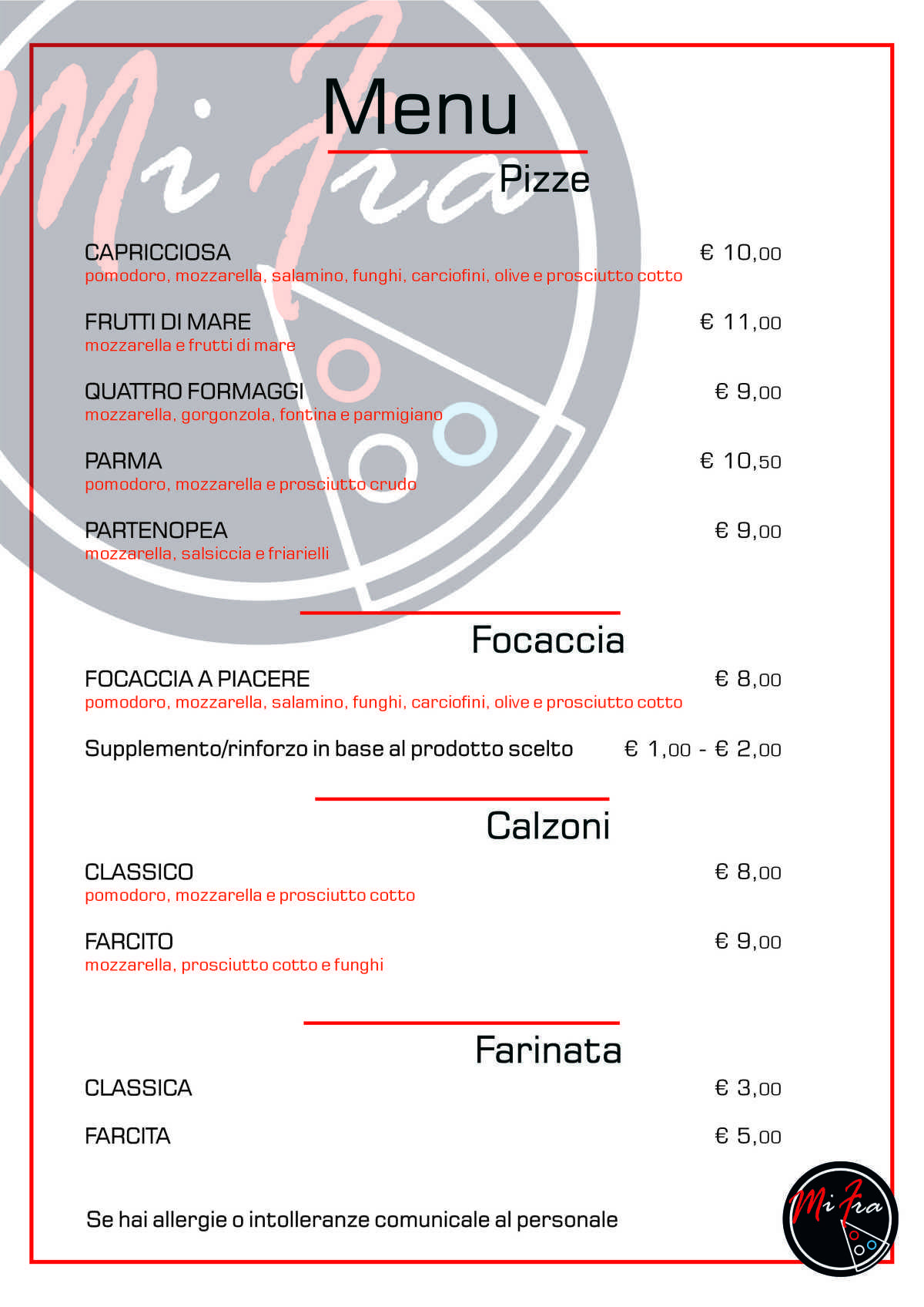 MENU PIZZERIA