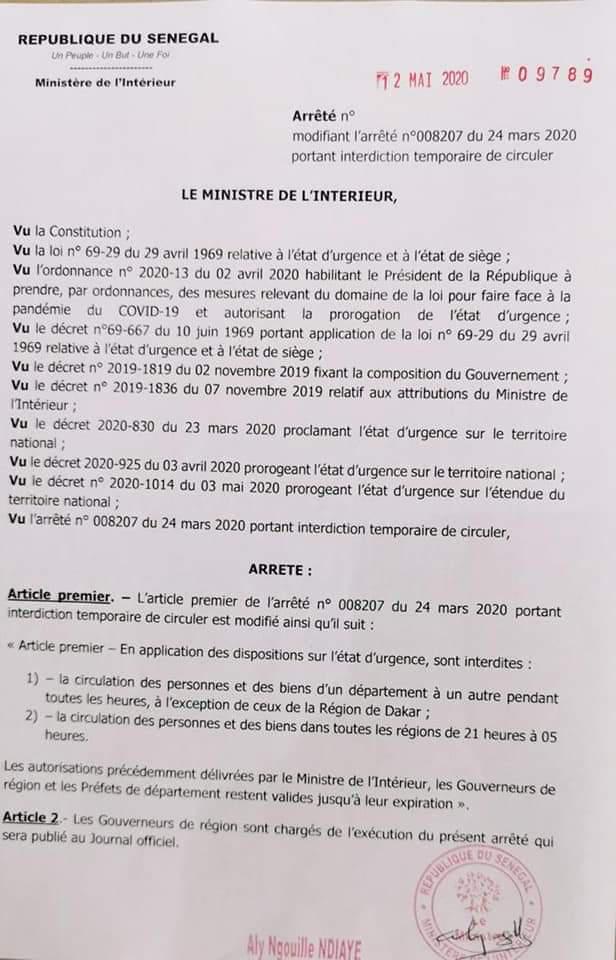 Covid-19 : Aly Ngouille Ndiaye maintient les interdictions de circulation interurbaine et fait des précisions sur les rassemblements. (ARRÊTÉ)
