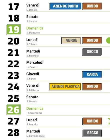 Calendario Raccolta Differenziata