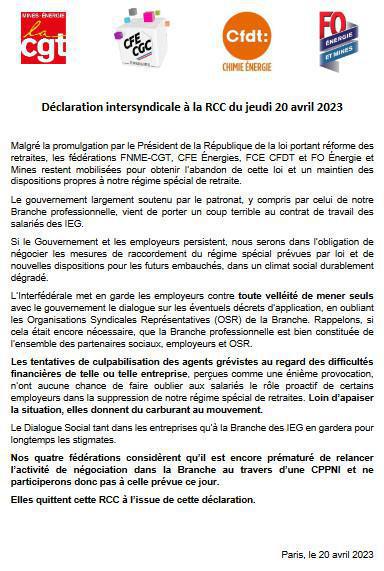 Déclaration intersyndicale à la RCC du jeudi 20 avril 2023 (Réunion de Concertation et Coordination)