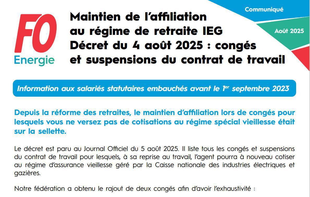 Maintien d'affiliation au régime de retraite IEG ( congés et suspension de travail)