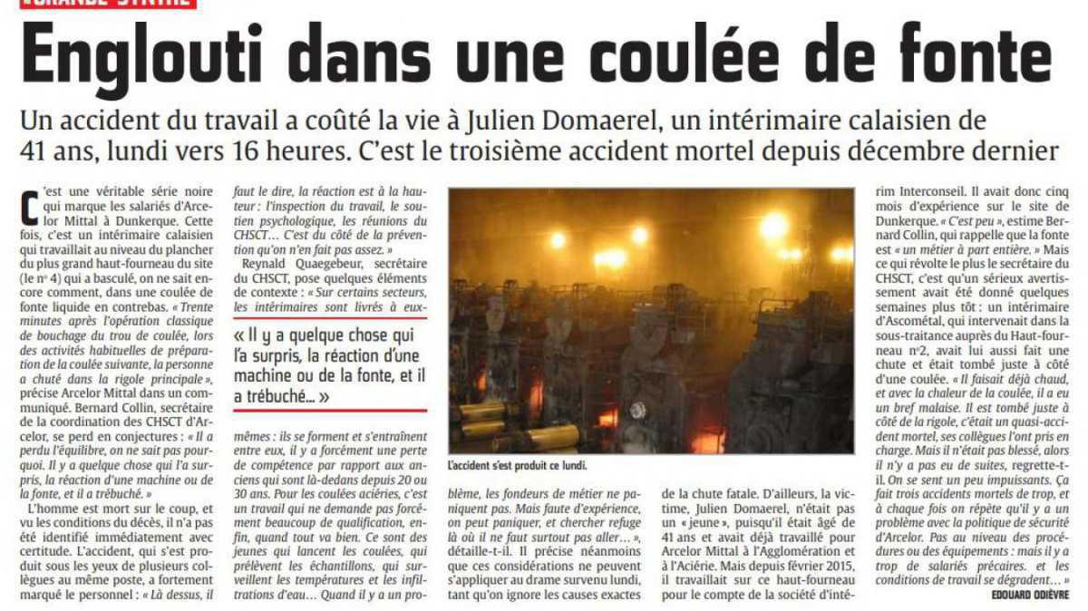 Nos archives sur l’accident du travail qui a coûté la vie de Jérôme Domaerel Nos archives sur l’accident du travail qui a coûté la vie de Jérôme Domaerel