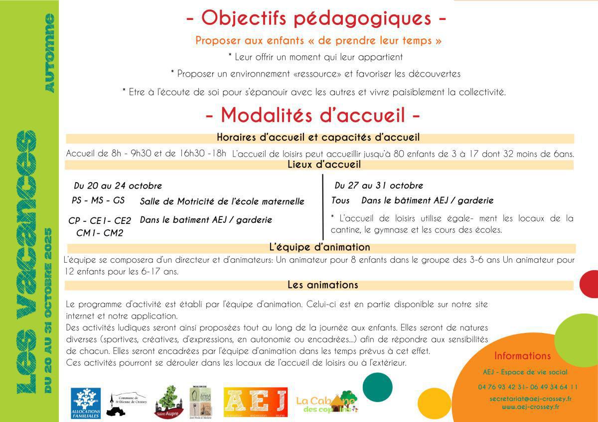 Programmes et modalités Vacances Automne 2025