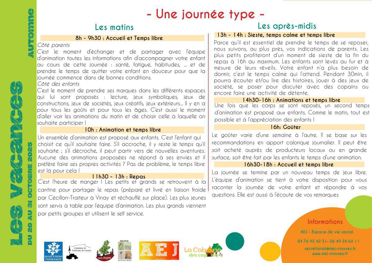 Programmes et modalités Vacances Automne 2025