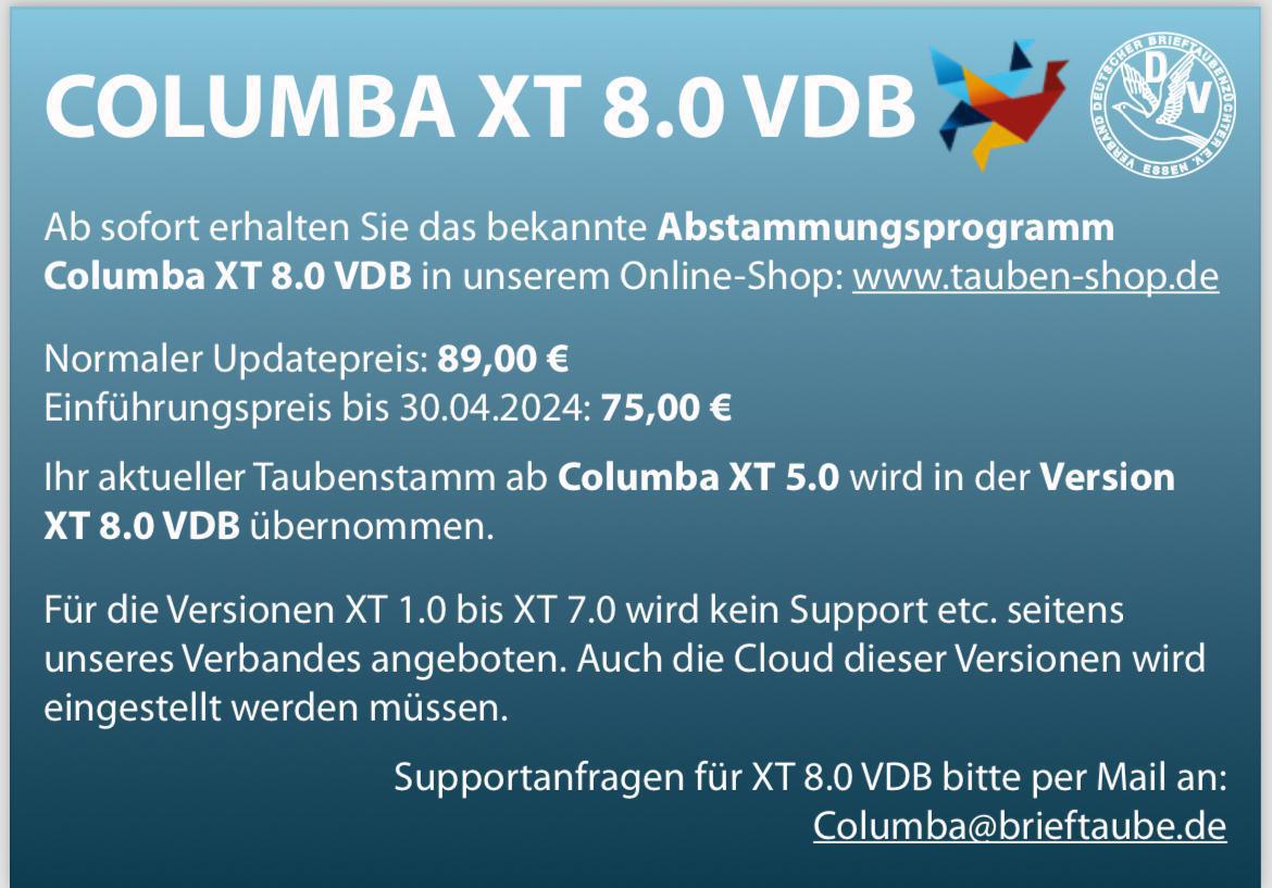 Columba XT 8.0 VDB erhältlich im neuen Online-Shop www.tauben-shop.de