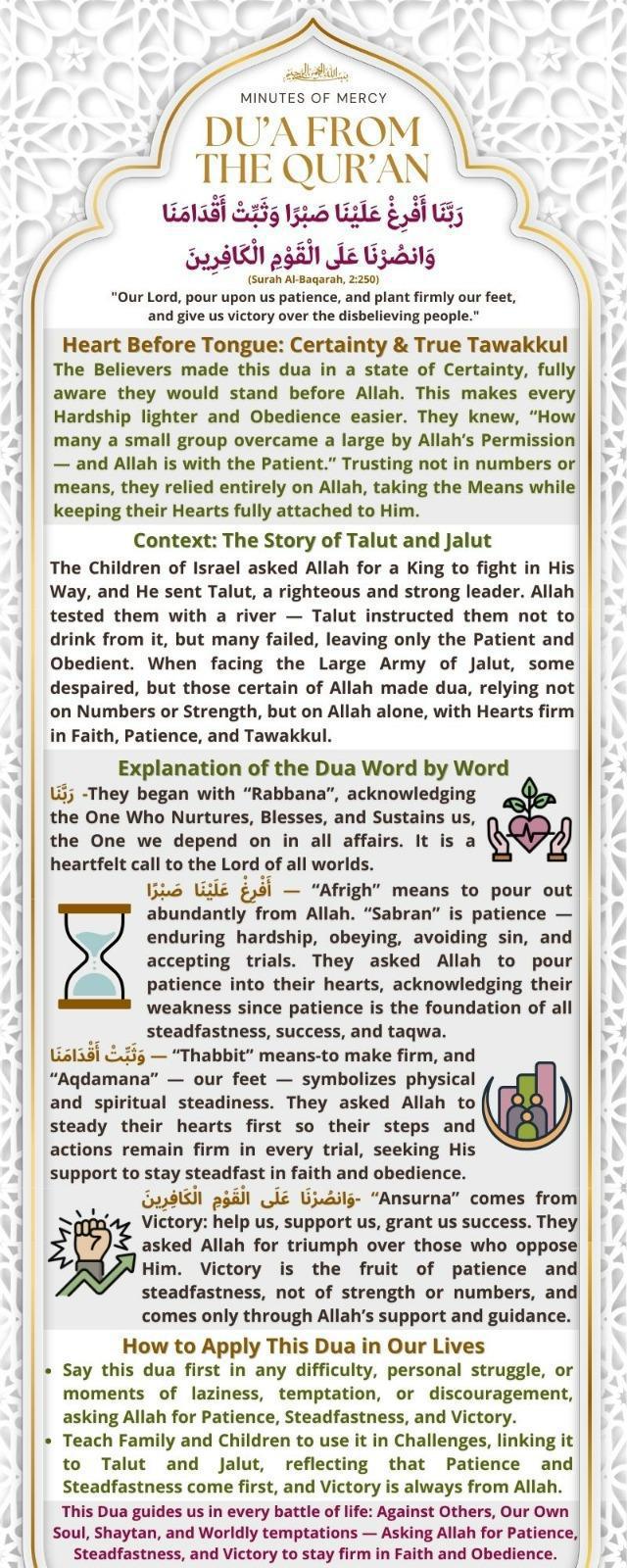 ♥️ 04. Surah Al Baqarah Our Lord, pour upon us patience, and plant firmly our feet, and give us victory over the disbelieving people