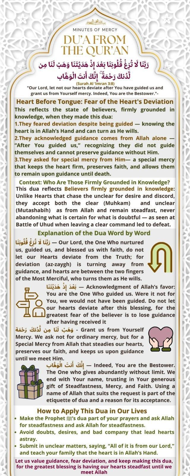 ♥️ 06. Surah Aal Imraan: Our Lord, let not our hearts deviate after You have guided us and grant us from Yourself mercy. Indeed, You are the Bestower