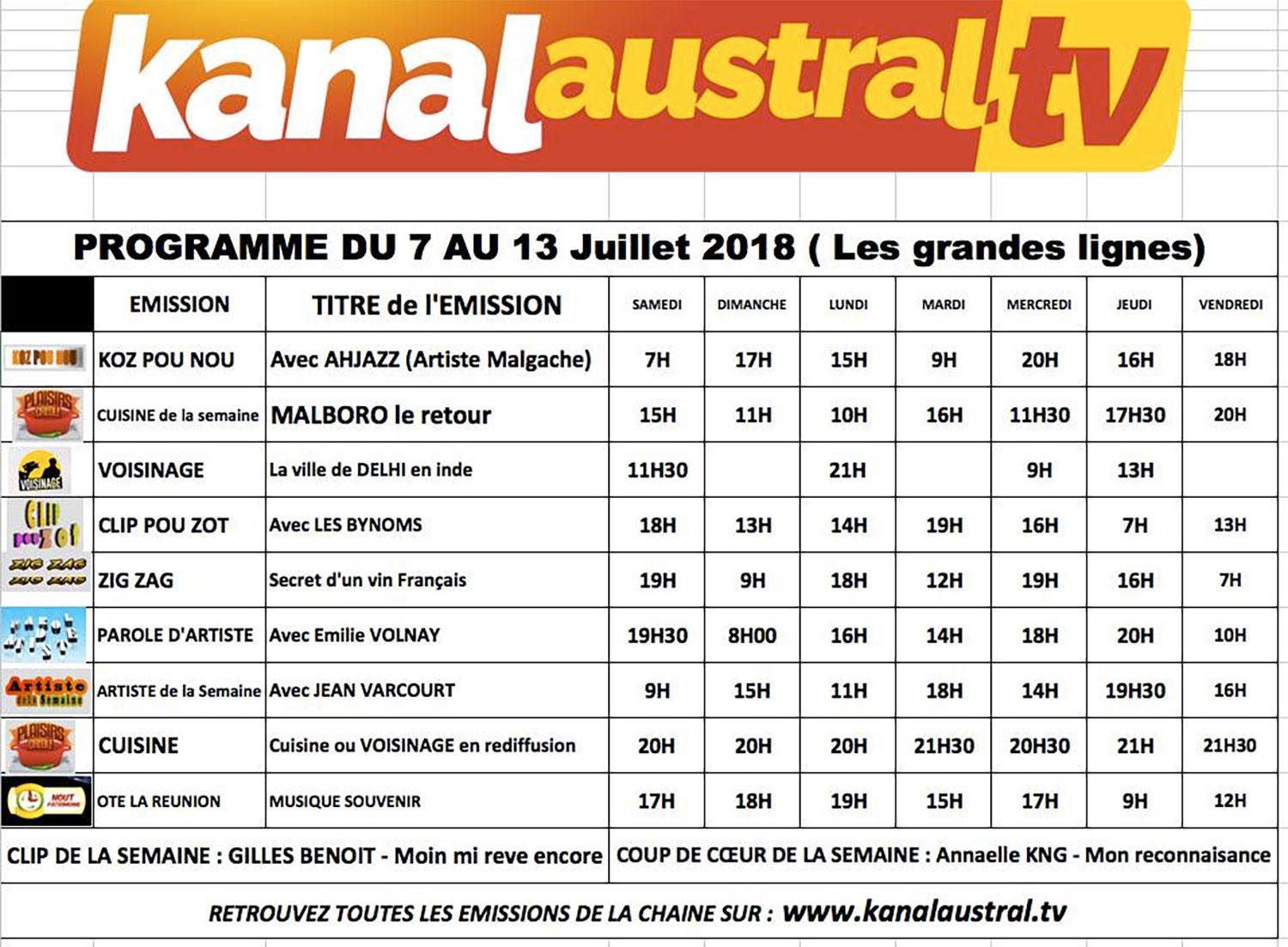 7 au 14 juillet - Programme télé KANAL AUSTRAL TV