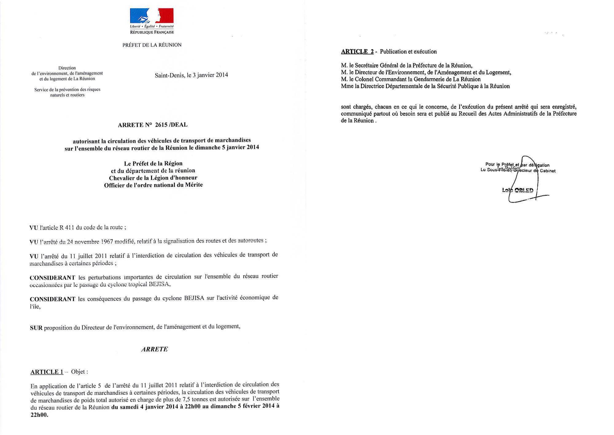 Arrêté préfectoral autorisant la circulation des véhicules de transport de marchandises sur l'ensemble du réseau routier de La Réunion le dimanche 5 janvier 2014