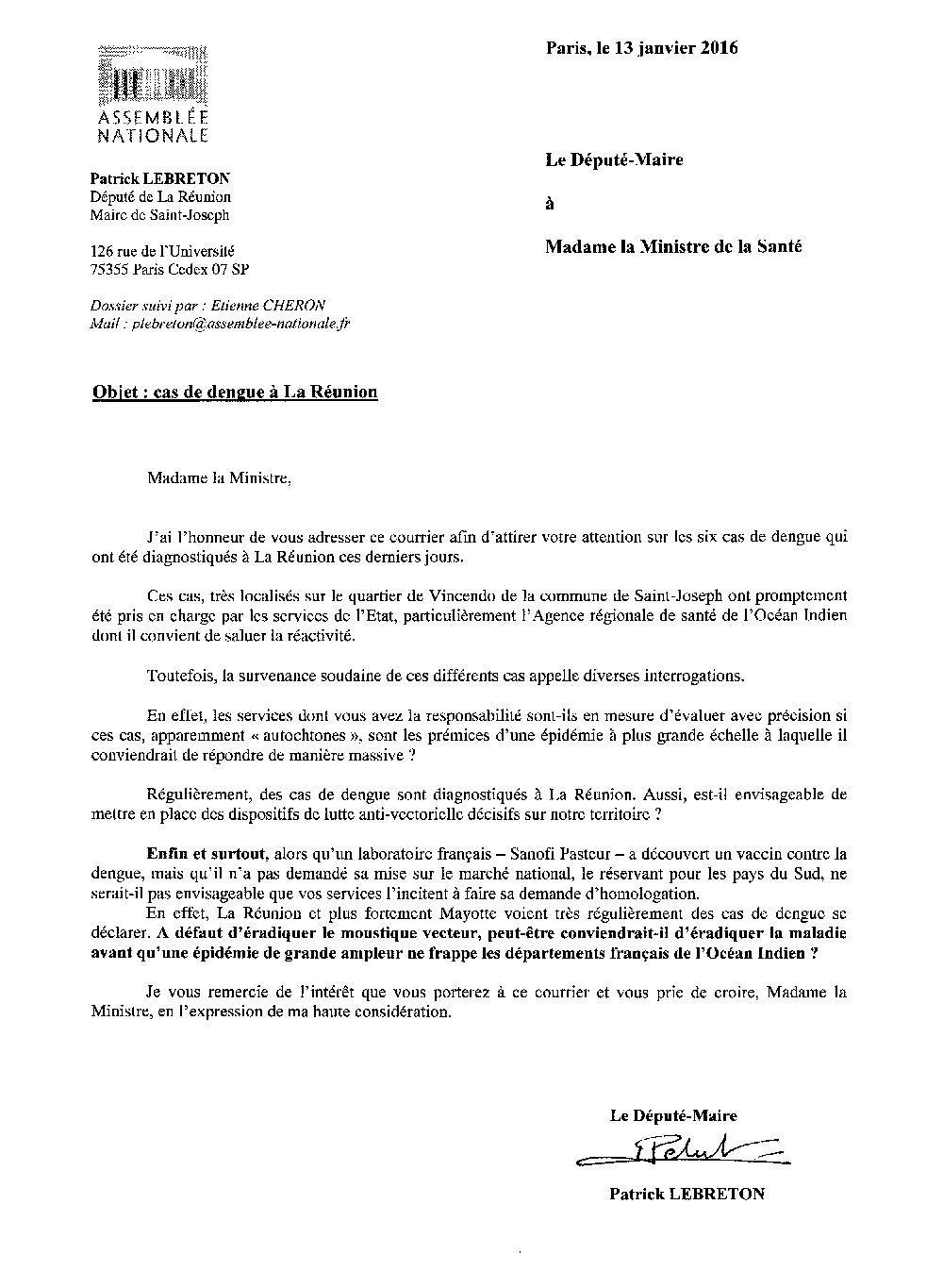 La Dengue à La Réunion : Patrick LEBRETON écrit à la Ministre et le fait savoir