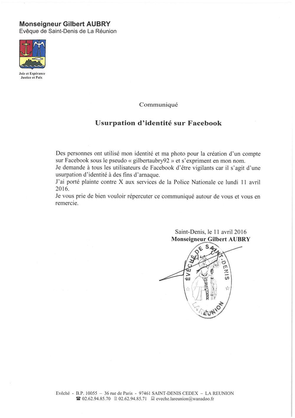 Mgr Gilbert AUBRY victime d'une usurpation