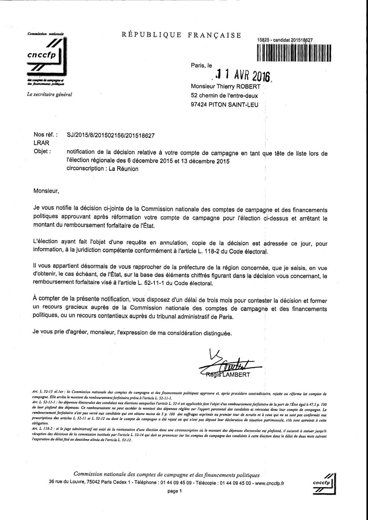 Approbation des comptes de campagne de Thierry ROBERT