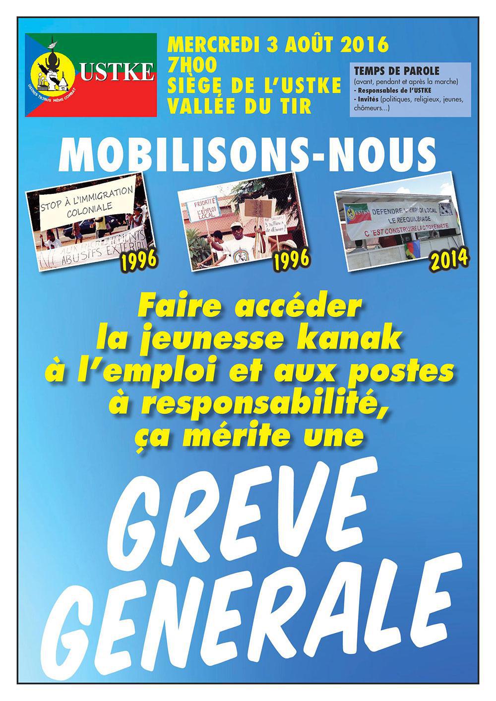 L'USTKE appelle à la grève générale ce mercredi 3 aout 2016