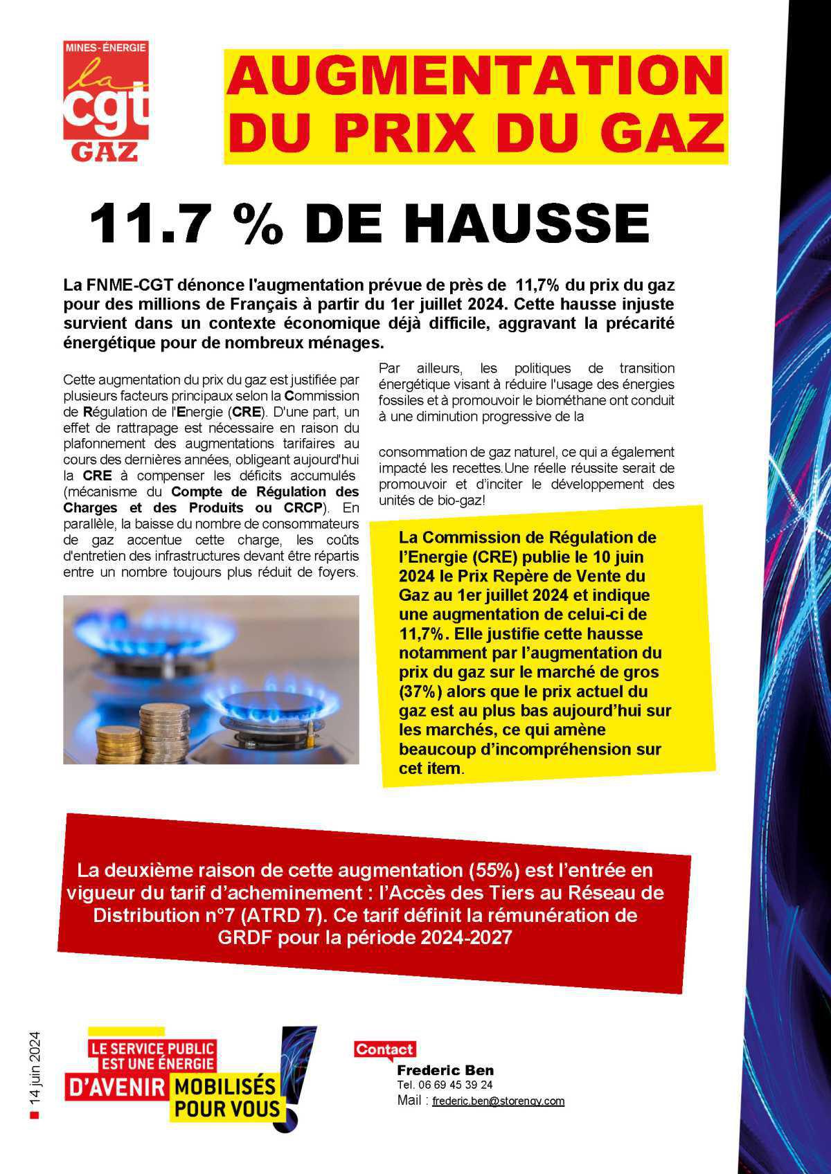 Augmentation du prix du Gaz, 11.7% de hausse