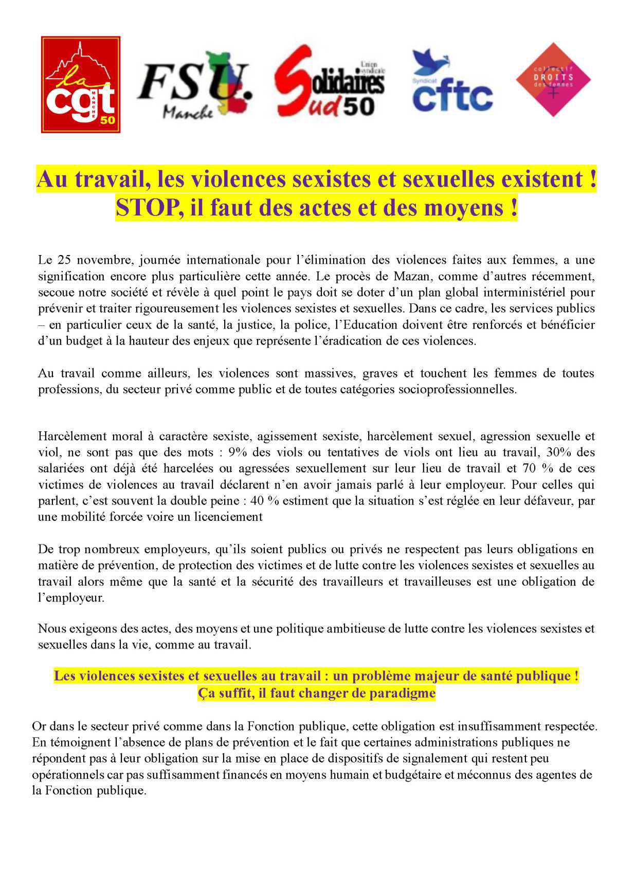 Au travail, les violences sexistes et sexuelles existent! STOP, il faut des actes et des moyens !