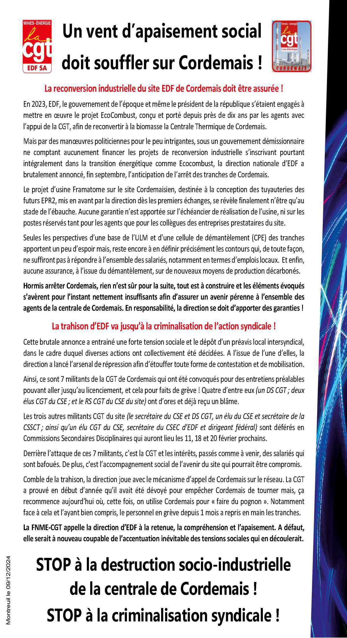 Un vent d’apaisement social doit souffler sur Cordemais !
