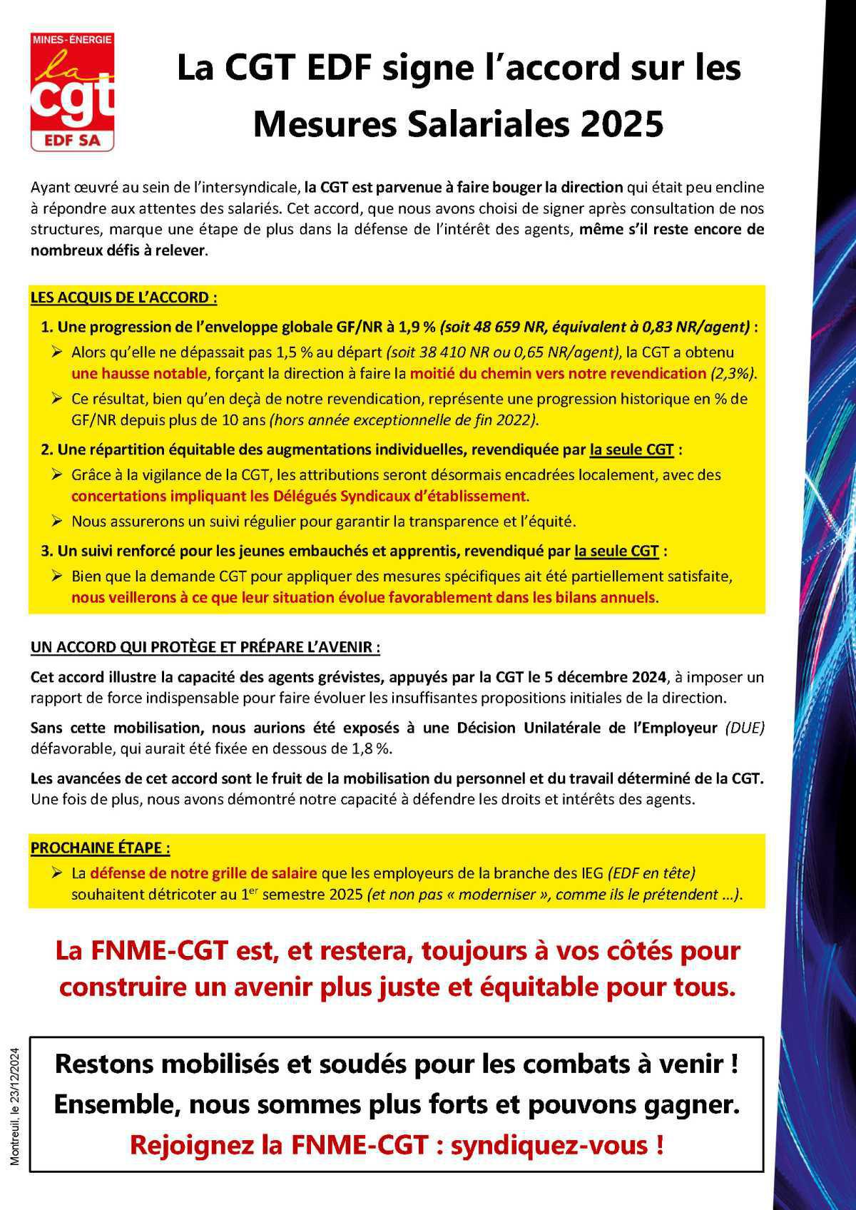 Mesures salariales 2025 : La CGT signe l'accord à EDF SA