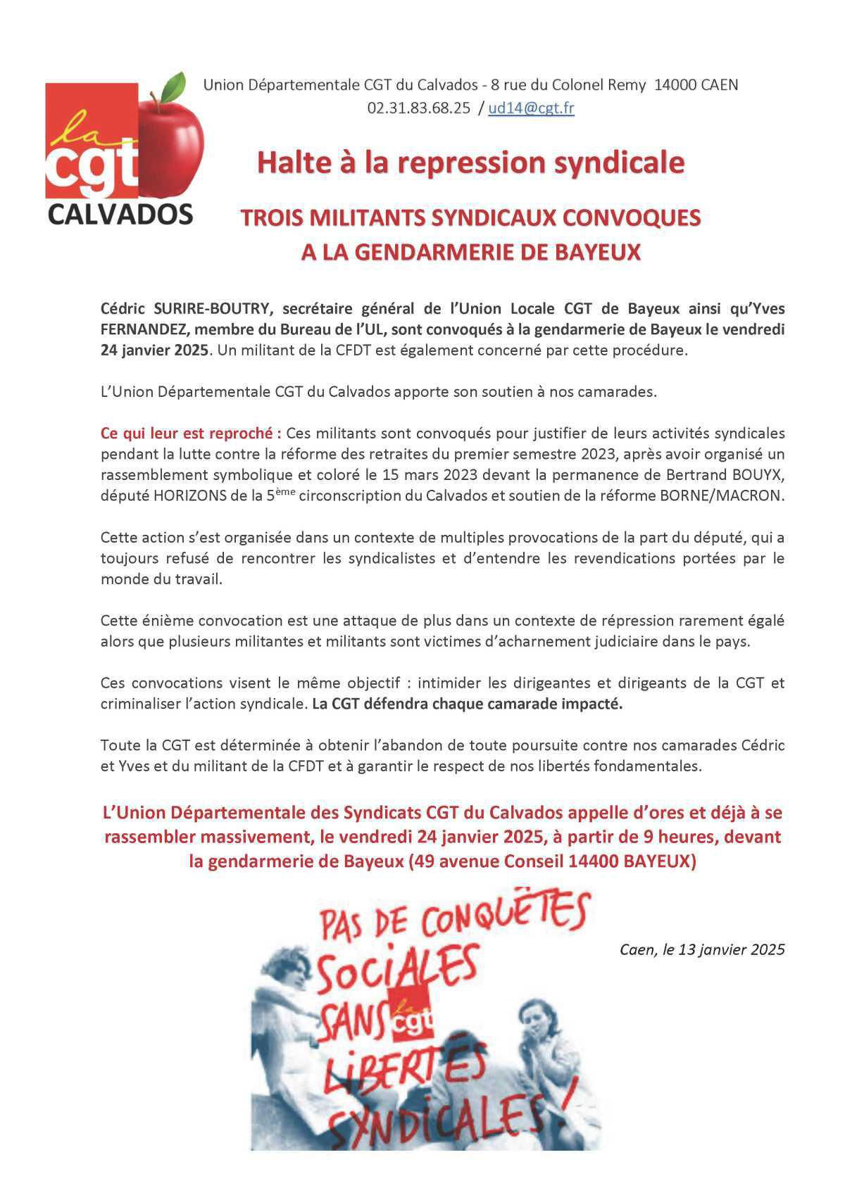 Halte à la répression syndicale à Bayeux : 3 Militants Convoqués