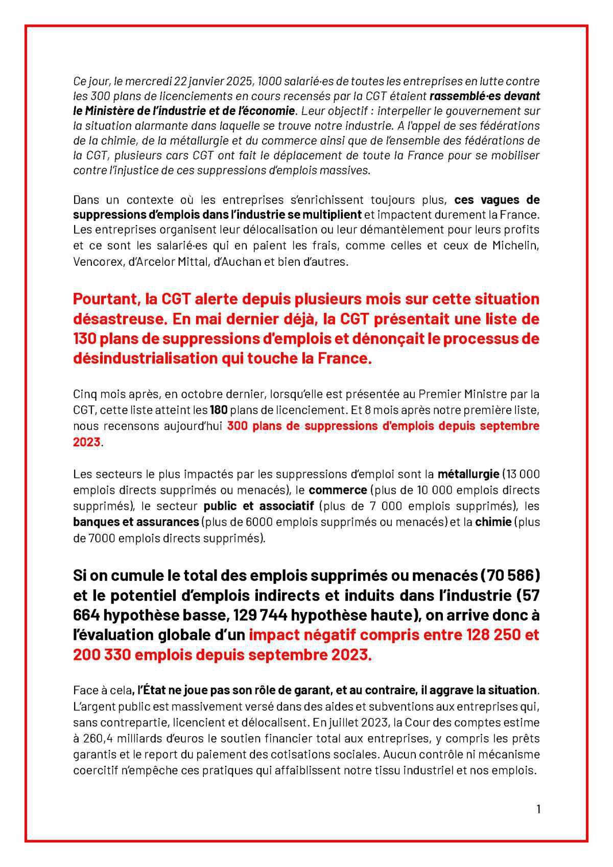 PROPOSITIONS DE LA CGT POUR L’INDUSTRIE ET L’EMPLOI