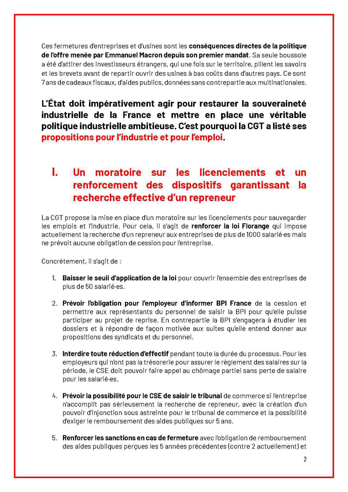 PROPOSITIONS DE LA CGT POUR L’INDUSTRIE ET L’EMPLOI