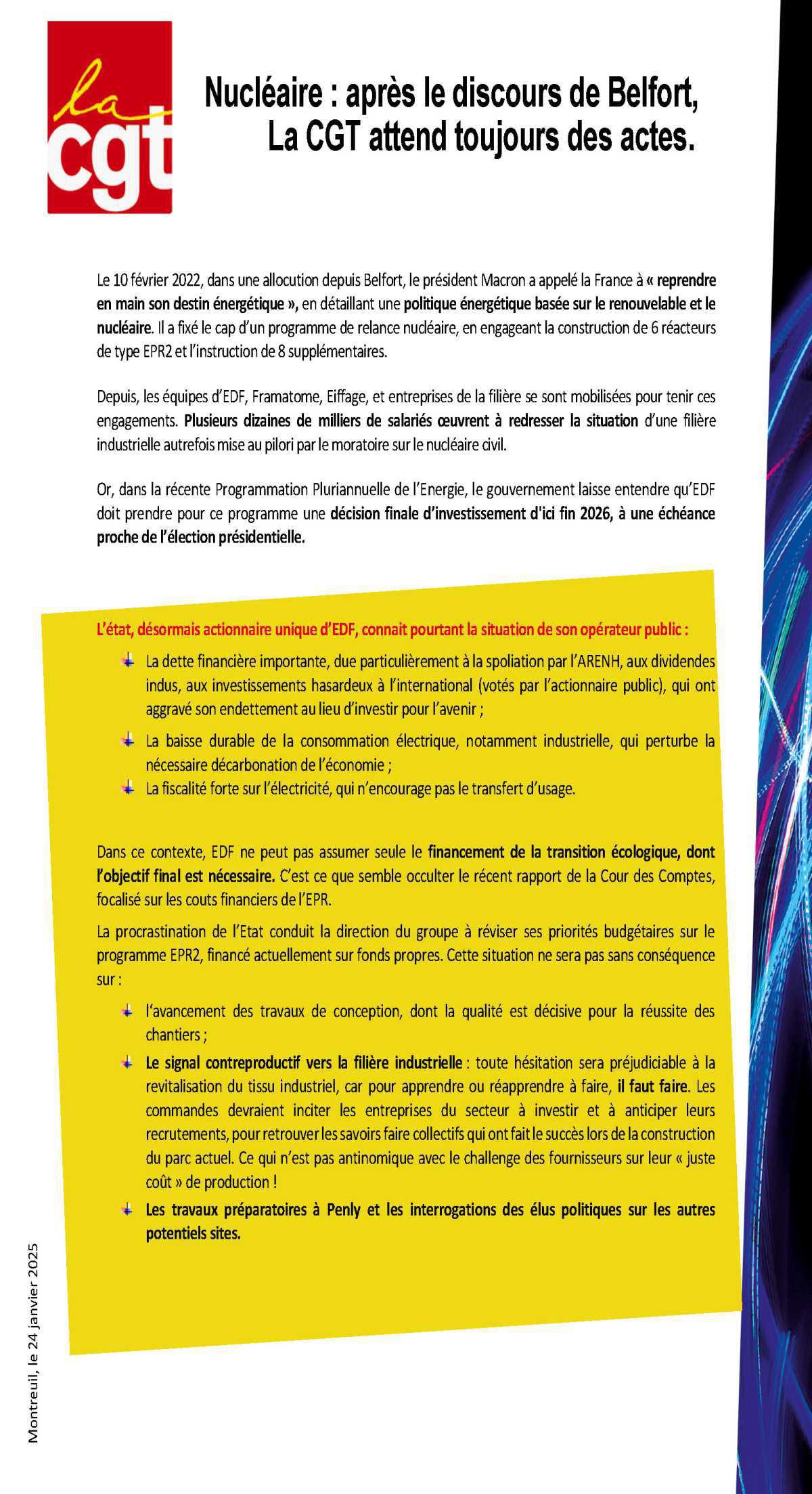 Nucléaire : après le discours de Belfort, La CGT attend toujours des actes.