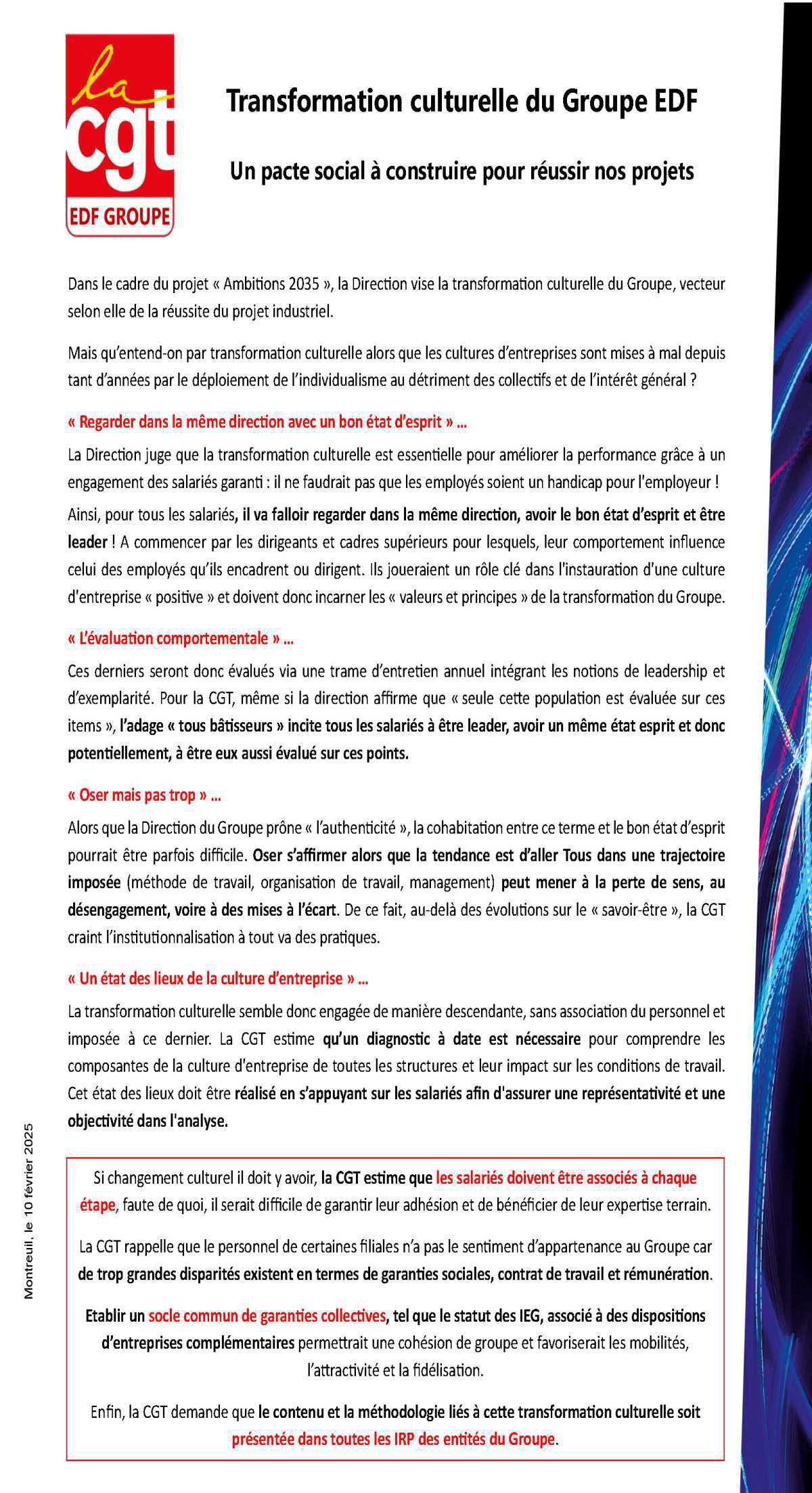 Transformation culturelle du Groupe EDF Un pacte social à construire pour réussir nos projets