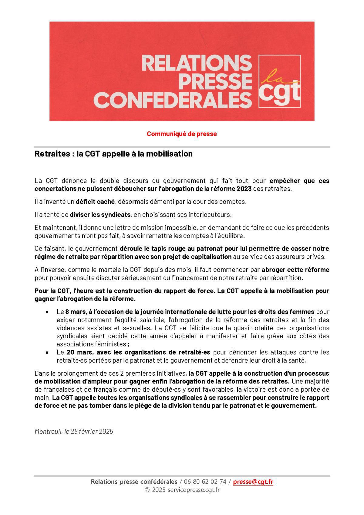 Retraites : La CGT appelle à la mobilisation