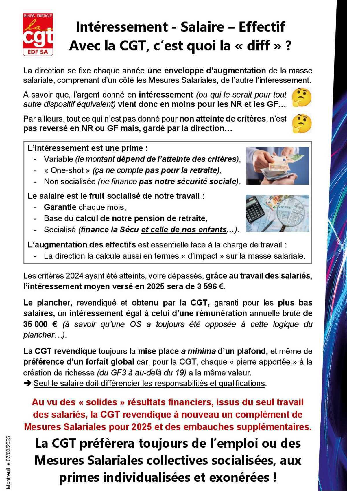 Intéressement- Salaire - Effectif. Avec la CGT, c'est quoi la "diff" ?