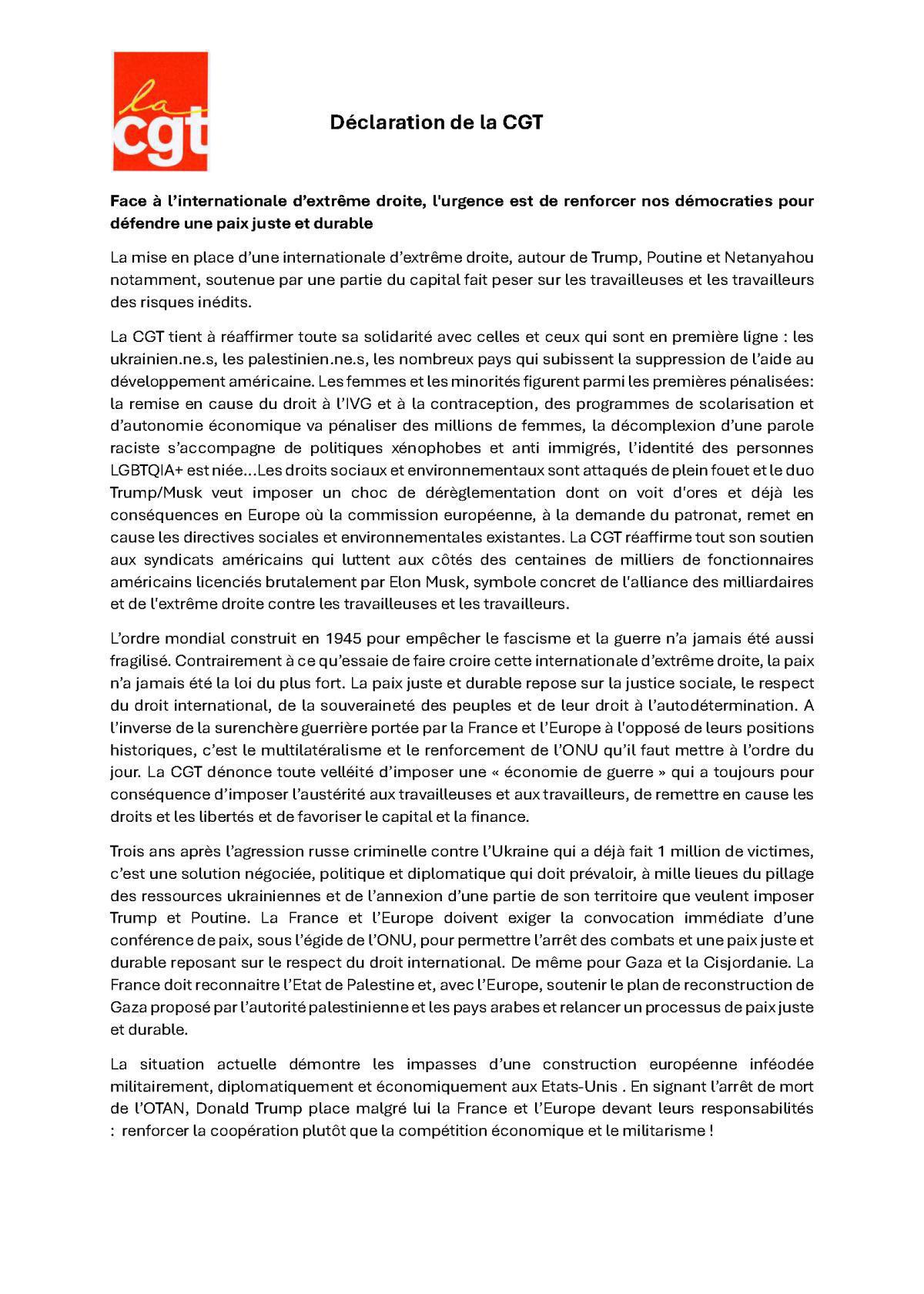 Déclaration CGT sur la situation internationale