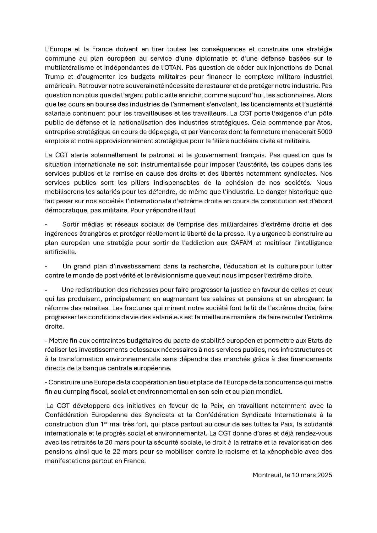 Déclaration CGT sur la situation internationale