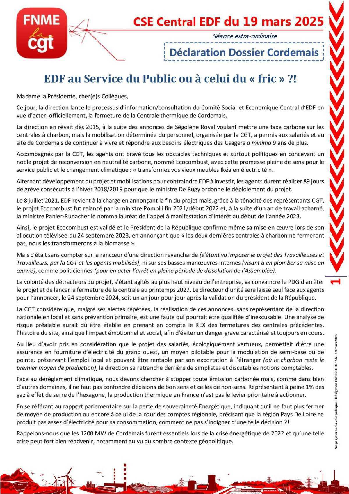 Déclaration CGT lors du CSEC extra sur le dossier Cordemais : EDF au service du Public ou à celui du "fric" ?! 