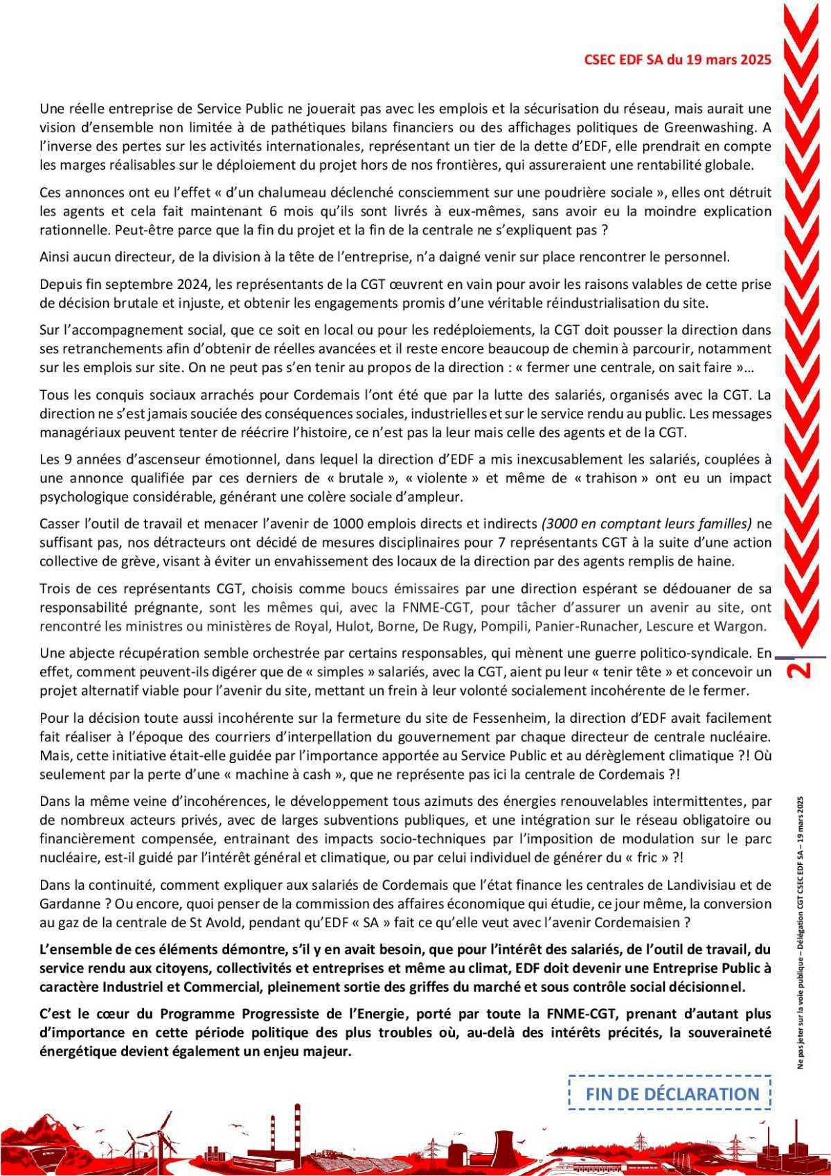 Déclaration CGT lors du CSEC extra sur le dossier Cordemais : EDF au service du Public ou à celui du "fric" ?! 