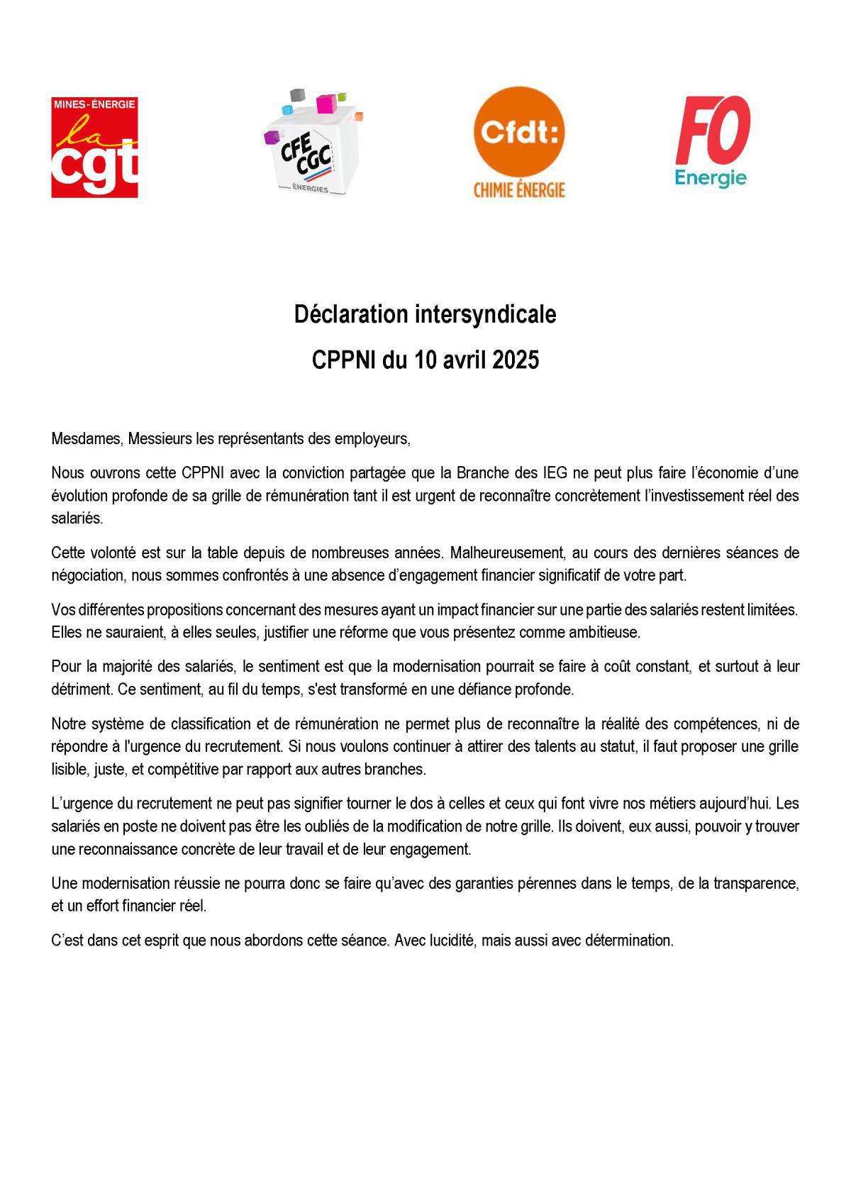 Déclaration intersyndicale CPPNI du 10 avril 2025