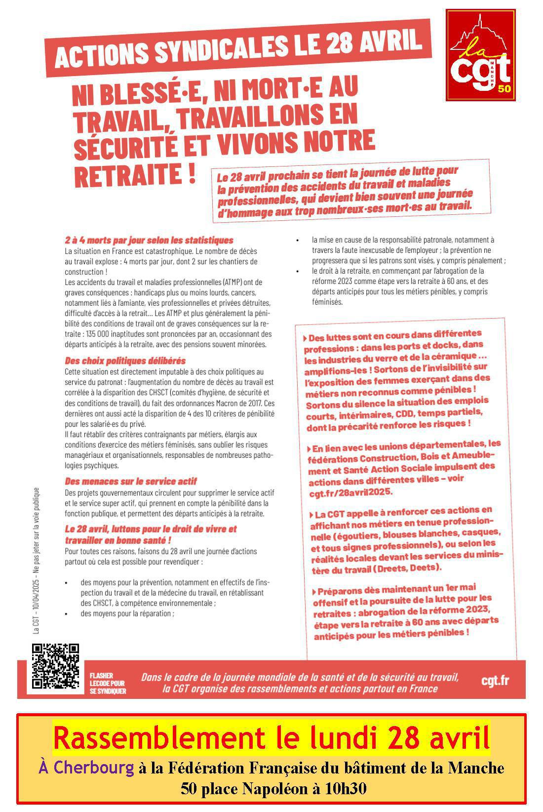 28 avril : Ni blessé, ni mort au travail, travaillons en sécurité et vivons notre retraite !