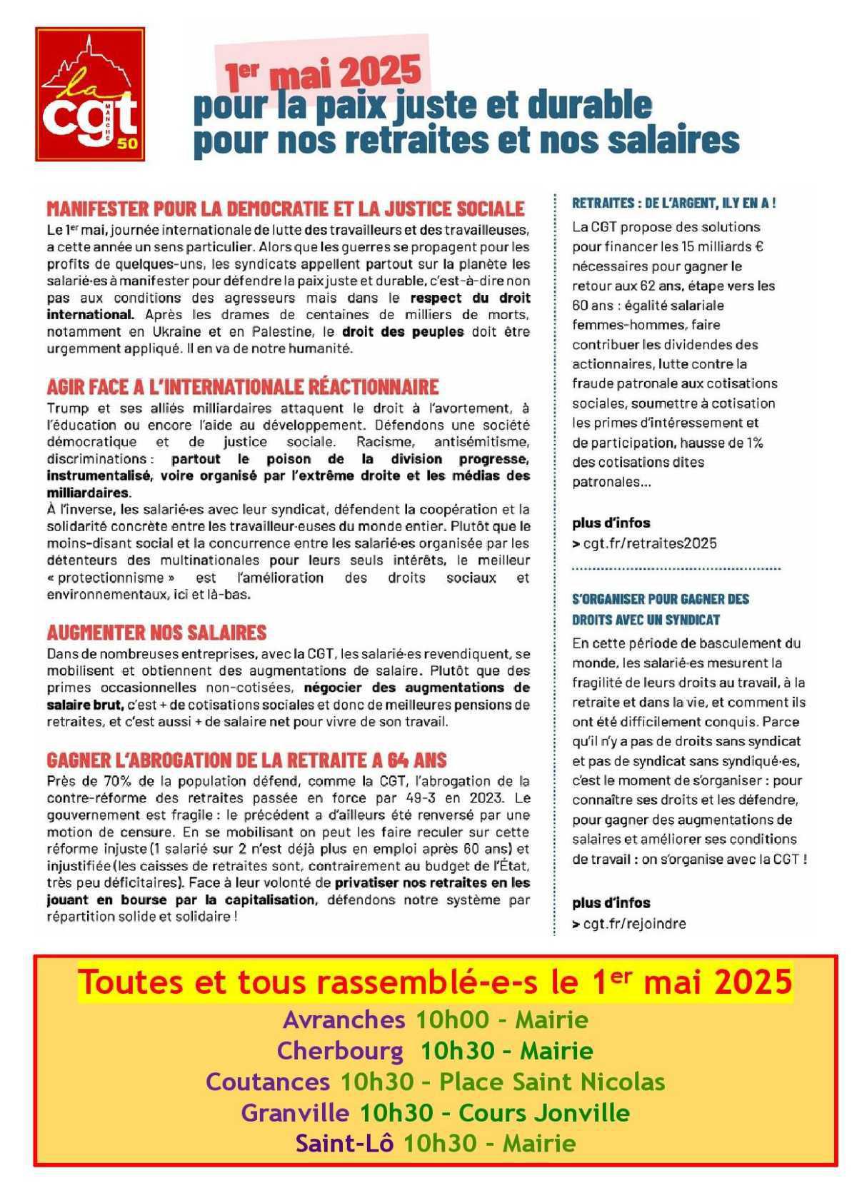 1er mai: Pour la paix juste et durable, pour nos retraites et nos salaires