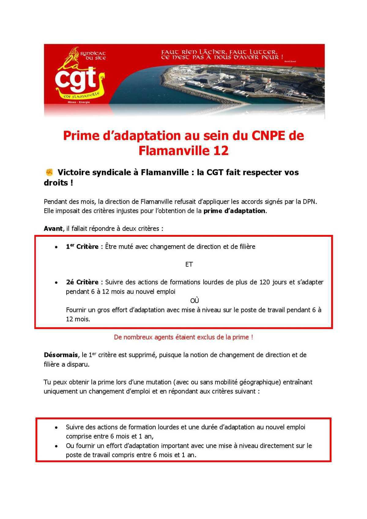 Prime d'adaptation au sein du CNPE de Flamanville 12
