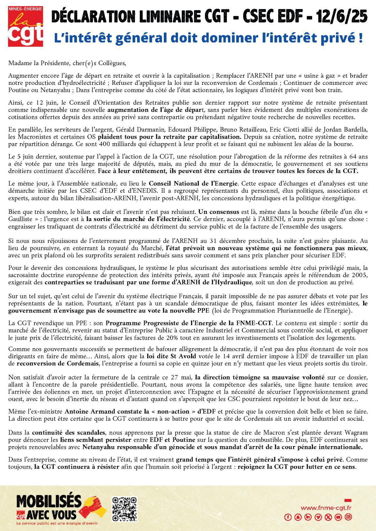 [CSEC EDF] Déclaration liminaire CSEC du 12 juin 2025
