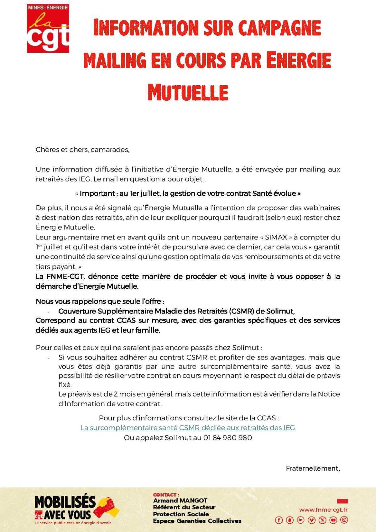 Information sur campagne mailing en cours par énergie mutuelle