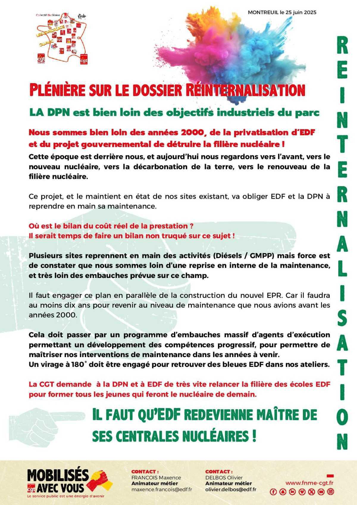 Plénière sur le dossier réinternalisation