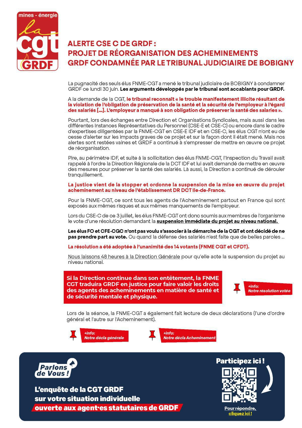 [GRDF] Projet de réorganisation des acheminements, Alerte CSE C