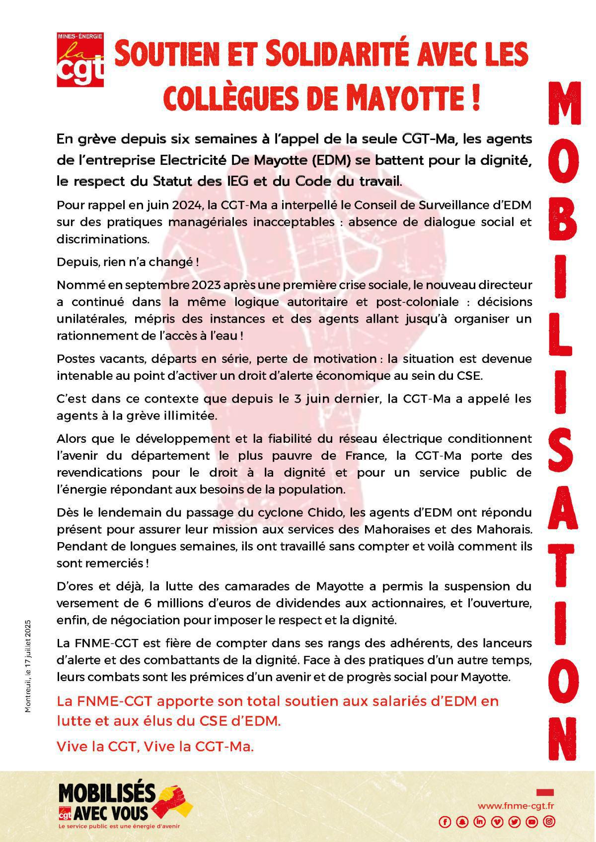 Soutient et Solidarité avec les collègues de Mayotte 