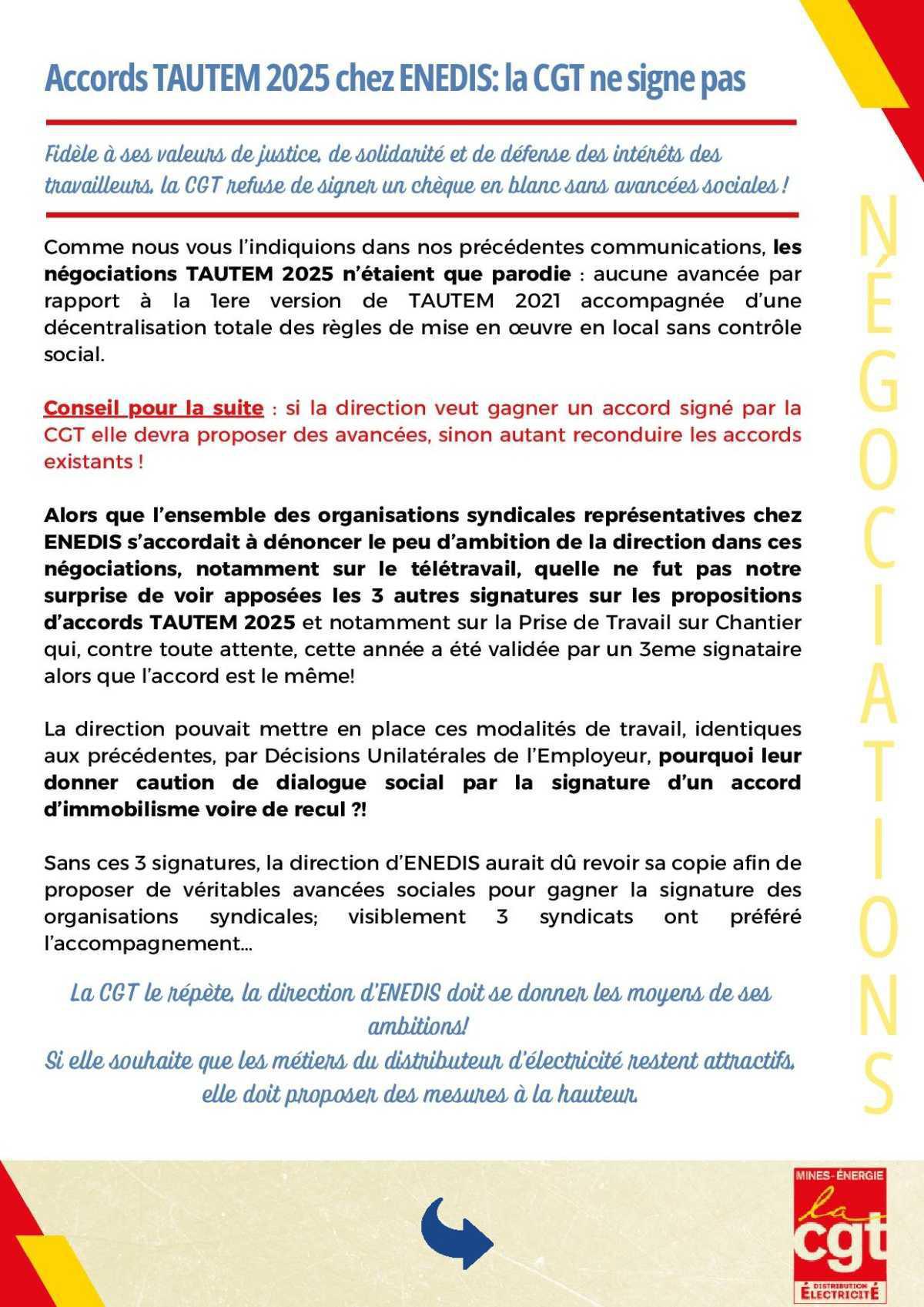 [Enedis] Accords TAUTEM 2025 : la CGT ne signe pas