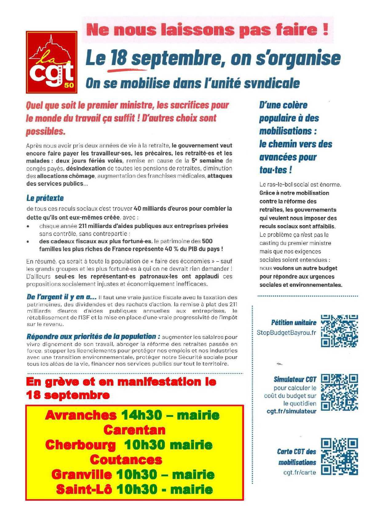 [MOBILISATION] Le 18 septembre on s'organise, on se mobilise dans l'unité syndicale